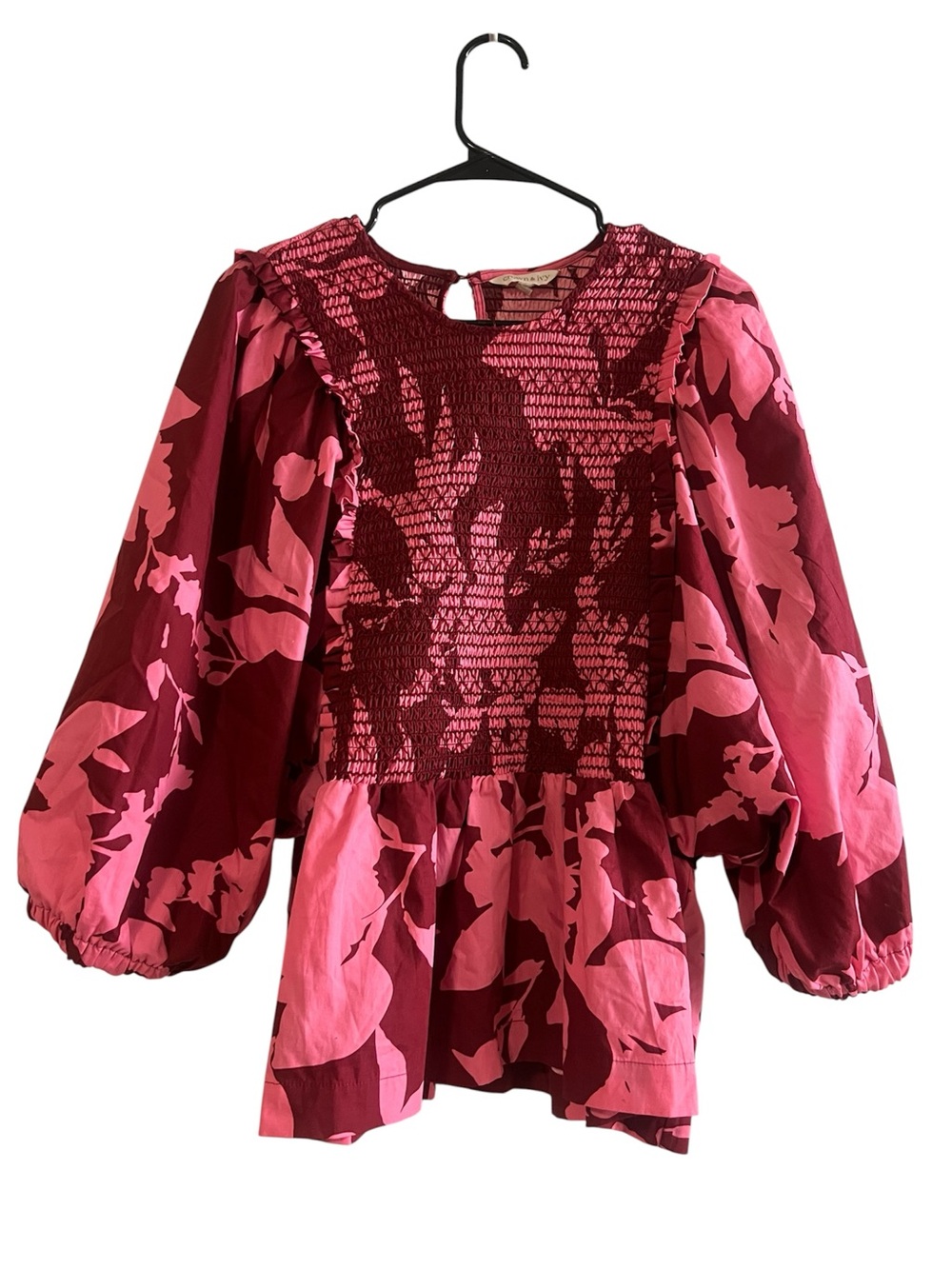 Crown & Ivy - Pink and Burgundy Floral Smocked Peplum Blouse - Size XL
